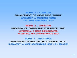 MODEL 1 – COGNITIVE
ENHANCEMENT OF KNOWLEDGE “WITHIN”
ULTIMATELY, A STRONGER, WISER,
AND MORE EMPOWERED EGO
MODEL 2 – AFFECTIVE
PROVISION OF CORRECTIVE EXPERIENCE “FOR”
ULTIMATELY, A MORE CONSOLIDATED,
ACCEPTING, AND COMPASSIONATE SELF
MODEL 3 – RELATIONAL
ENGAGEMENT IN HEALTHY RELATIONSHIP “WITH”
ULTIMATELY, A MORE ACCOUNTABLE SELF – IN – RELATION
44
 