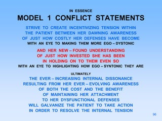 IN ESSENCE
MODEL 1 CONFLICT STATEMENTS
STRIVE TO CREATE INCENTIVIZING TENSION WITHIN
THE PATIENT BETWEEN HER DAWNING AWARENESS
OF JUST HOW COSTLY HER DEFENSES HAVE BECOME
WITH AN EYE TO MAKING THEM MORE EGO – DYSTONIC
AND HER NEW – FOUND UNDERSTANDING
OF JUST HOW INVESTED SHE HAS BEEN
IN HOLDING ON TO THEM EVEN SO
WITH AN EYE TO HIGHLIGHTING HOW EGO – SYNTONIC THEY ARE
ULTIMATELY
THE EVER – INCREASING INTERNAL DISSONANCE
RESULTING FROM HER EVER – EVOLVING AWARENESS
OF BOTH THE COST AND THE BENEFIT
OF MAINTAINING HER ATTACHMENT
TO HER DYSFUNCTIONAL DEFENSES
WILL GALVANIZE THE PATIENT TO TAKE ACTION
IN ORDER TO RESOLVE THE INTERNAL TENSION
96
 