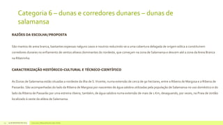 Categoria 6 – dunas e corredores dunares – dunas de
salamansa
RAZÕES DA ESCOLHA/PROPOSTA

São mantos de areia branca, bastantes espessas nalguns casos e noutros reduzindo-se a uma cobertura delagada de origem eólica a constituírem
corredores dunares no enfiamento de ventos alíseos dominantes do nordeste, que começam na zona de Salamansa e descem até a zona da Areia Branca
na Ribeirinha
CARACTERIZAÇÃO HISTÓRICO-CULTURAL E TÉCNICO-CIENTÍFICO

As Dunas de Salamansa estão situadas a nordeste da ilha de S. Vicente, numa extensão de cerca de 90 hectares, entre a Ribeira de Margosa e a Ribeira de
Passarão. São acompanhadas do lado da Ribeira de Margosa por nascentes de água salobra utilizadas pela população de Salamansa no uso doméstico e do
lado da Ribeira de Passarão por uma estreira ribeira, também, de água salobra numa extensão de mais de 1 Km, desaguando, por vezes, na Praia de Jordão
localizado à oeste da aldeia de Salamansa.

19

14 de dezembro de 2013

Concurso 7 Maravilhas de Cabo Verde

 