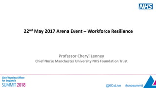 @6CsLive #cnosummit@6CsLive #cnosummit
22nd May 2017 Arena Event – Workforce Resilience
Professor Cheryl Lenney
Chief Nurse Manchester University NHS Foundation Trust
 