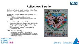 @6CsLive #cnosummit@6CsLive #cnosummit
Reflections & Action
• Inclusion of mental health provision in the Major
Incident Plan for patients and staff
• Investment in psychological support services /
training:
• PICU business case 1.0 wte Clinical
Psychological to support patients, families and
staff
• Schwartz Round December 2017
• Strong response from staff who were not involved
• Unintended consequence of staff feeling angry,
guilty and a sense of being left out
• Consideration in future for those delivering
‘business as usual’
• MRI Nurses’ Fellowship
• Funded four workshops: Learning From
Experience The Psychological Impact of Trauma
• Funded cognitive behavioural therapy training for
staff support service
 