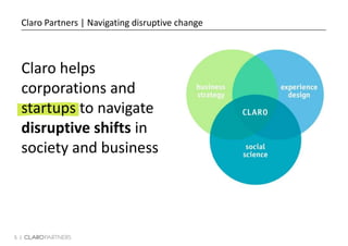 5 |
Claro Partners | Navigating disruptive change
Claro helps
corporations and
startups to navigate
disruptive shifts in
society and business
 