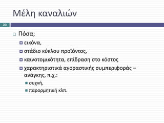 Μέλη καναλιών
23


      Πόσα;
       εικόνα, 
       στάδιο κύκλου προϊόντος, 
       καινοτομικότητα, επίδραση στο κόστος
       χαρακτηριστικά αγοραστικής συμπεριφοράς –
       ανάγκης, π.χ.: 
         συχνή, 
         παρορμητική κλπ.
 