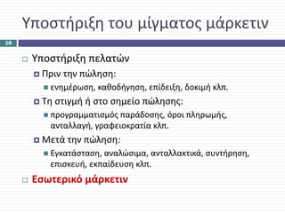 Υποστήριξη του μίγματος μάρκετιν
28


      Υποστήριξη πελατών
       Πριν την πώληση: 
         ενημέρωση, καθοδήγηση, επίδειξη, δοκιμή κλπ.
       Τη στιγμή ή στο σημείο πώλησης: 
         προγραμματισμός παράδοσης, όροι πληρωμής, 
         ανταλλαγή, γραφειοκρατία κλπ.
       Μετά την πώληση: 
         Εγκατάσταση, αναλώσιμα, ανταλλακτικά, συντήρηση, 
         επισκευή, εκπαίδευση κλπ.
      Εσωτερικό μάρκετιν
 