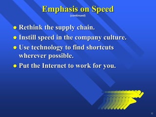 Emphasis on Speed
                 (continued)



Rethink the supply chain.
Instill speed in the company culture.
Use technology to find shortcuts
wherever possible.
Put the Internet to work for you.




                                        32
 