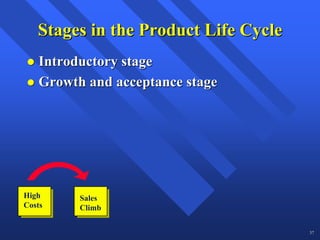 Stages in the Product Life Cycle
   Introductory stage
   Growth and acceptance stage




High     High
         Sales
Costs    Costs
         Climb

                                      37
 