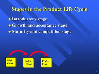 Stages in the Product Life Cycle
   Introductory stage
   Growth and acceptance stage
   Maturity and competition stage




High     Sales    Profits
Costs    Climb    Peak

                                      38
 