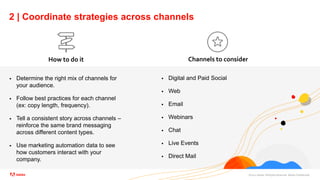 ©2021 Adobe. All Rights Reserved. Adobe Confidential.
2 | Coordinate strategies across channels
 Determine the right mix of channels for
your audience.
 Follow best practices for each channel
(ex: copy length, frequency).
 Tell a consistent story across channels –
reinforce the same brand messaging
across different content types.
 Use marketing automation data to see
how customers interact with your
company.
How to do it Channels to consider
 Digital and Paid Social
 Web
 Email
 Webinars
 Chat
 Live Events
 Direct Mail
 