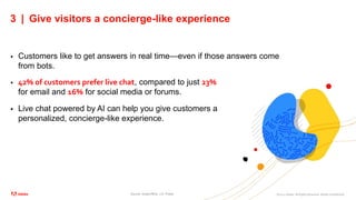 ©2021 Adobe. All Rights Reserved. Adobe Confidential.
3 | Give visitors a concierge-like experience
 Customers like to get answers in real time—even if those answers come
from bots.
 42% of customers prefer live chat, compared to just 23%
for email and 16% for social media or forums.
 Live chat powered by AI can help you give customers a
personalized, concierge-like experience.
Source: SuperOffice, J.D. Power
 