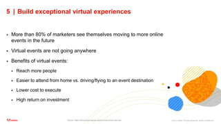 ©2021 Adobe. All Rights Reserved. Adobe Confidential.
5 | Build exceptional virtual experiences
 More than 80% of marketers see themselves moving to more online
events in the future
 Virtual events are not going anywhere
 Benefits of virtual events:
 Reach more people
 Easier to attend from home vs. driving/flying to an event destination
 Lower cost to execute
 High return on investment
Source: https://www.pcma.org/psav-global-virtual-events-day-tips/
 