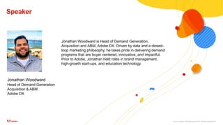 ©2021 Adobe. All Rights Reserved. Adobe Confidential.
Head of Demand Generation
Acquisition & ABM
Adobe DX
Jonathan Woodward
Speaker
Jonathan Woodward is Head of Demand Generation,
Acquisition and ABM, Adobe DX. Driven by data and a closed-
loop marketing philosophy, he takes pride in delivering demand
programs that are buyer centered, innovative, and impactful.
Prior to Adobe, Jonathan held roles in brand management,
high-growth start-ups, and education technology.
 