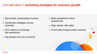 ©2021 Adobe. All Rights Reserved. Adobe Confidential.
Let's talk about 7 marketing strategies for business growth
1. Serve fresh, personalized content
2. Coordinate strategies across
channels
3. Give visitors a concierge-
like experience
4. Get people onto your email list
5. Build exceptional virtual
experiences
6. Align closely with sales
7. Continually analyze what’s working
 