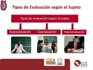 Tipos de Evaluación según el Sujeto 
Tipos de evaluación según el sujeto 
Autoevaluación Coevaluación Heteroevaluación 
 