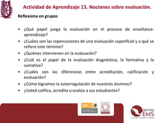 Actividad de Aprendizaje 13. Nociones sobre evaluación. 
Reflexiona en grupos 
• ¿Qué papel juega la evaluación en el proceso de enseñanza-aprendizaje? 
• ¿Cuáles son las repercusiones de una evaluación superficial y a qué se 
refiere este término? 
• ¿Quiénes intervienen en la evaluación? 
• ¿Cuál es el papel de la evaluación diagnóstica, la formativa y la 
sumativa? 
• ¿Cuáles son las diferencias entre acreditación, calificación y 
evaluación? 
• ¿Cómo logramos la autorregulación de nuestros alumnos? 
• ¿Usted califica, acredita o evalúa a sus estudiantes? 
 