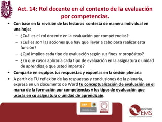 Act. 14: Rol docente en el contexto de la evaluación 
por competencias. 
• Con base en la revisión de las lecturas contesta de manera individual en 
una hoja: 
– ¿Cuál es el rol docente en la evaluación por competencias? 
– ¿Cuáles son las acciones que hay que llevar a cabo para realizar esta 
función? 
– ¿Qué implica cada tipo de evaluación según sus fines y propósitos? 
– ¿En qué casos aplicaría cada tipo de evaluación en la asignatura o unidad 
de aprendizaje que usted imparte? 
• Comparte en equipos tus respuestas y exponlas en la sesión plenaria 
• A partir de TU reflexión de las respuestas y conclusiones de la plenaria, 
expresa en un documento de Word tu conceptualización de evaluación en el 
marco de la formación por competencias y los tipos de evaluación que 
usarás en su asignatura o unidad de aprendizaje. 
 