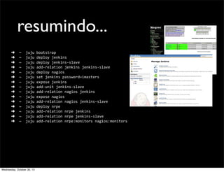 resumindo...
➜	
  	
  ~	
  	
  juju	
  bootstrap
➜	
  	
  ~	
  	
  juju	
  deploy	
  jenkins
➜	
  	
  ~	
  	
  juju	
  deploy	
  jenkins-­‐slave
➜	
  	
  ~	
  	
  juju	
  add-­‐relation	
  jenkins	
  jenkins-­‐slave
➜	
  	
  ~	
  	
  juju	
  deploy	
  nagios
➜	
  	
  ~	
  	
  juju	
  set	
  jenkins	
  password=imasters
➜	
  	
  ~	
  	
  juju	
  expose	
  jenkins
➜	
  	
  ~	
  	
  juju	
  add-­‐unit	
  jenkins-­‐slave
➜	
  	
  ~	
  	
  juju	
  add-­‐relation	
  nagios	
  jenkins
➜	
  	
  ~	
  	
  juju	
  expose	
  nagios
➜	
  	
  ~	
  	
  juju	
  add-­‐relation	
  nagios	
  jenkins-­‐slave
➜	
  	
  ~	
  	
  juju	
  deploy	
  nrpe
➜	
  	
  ~	
  	
  juju	
  add-­‐relation	
  nrpe	
  jenkins
➜	
  	
  ~	
  	
  juju	
  add-­‐relation	
  nrpe	
  jenkins-­‐slave
➜	
  	
  ~	
  	
  juju	
  add-­‐relation	
  nrpe:monitors	
  nagios:monitors

Wednesday, October 30, 13

 