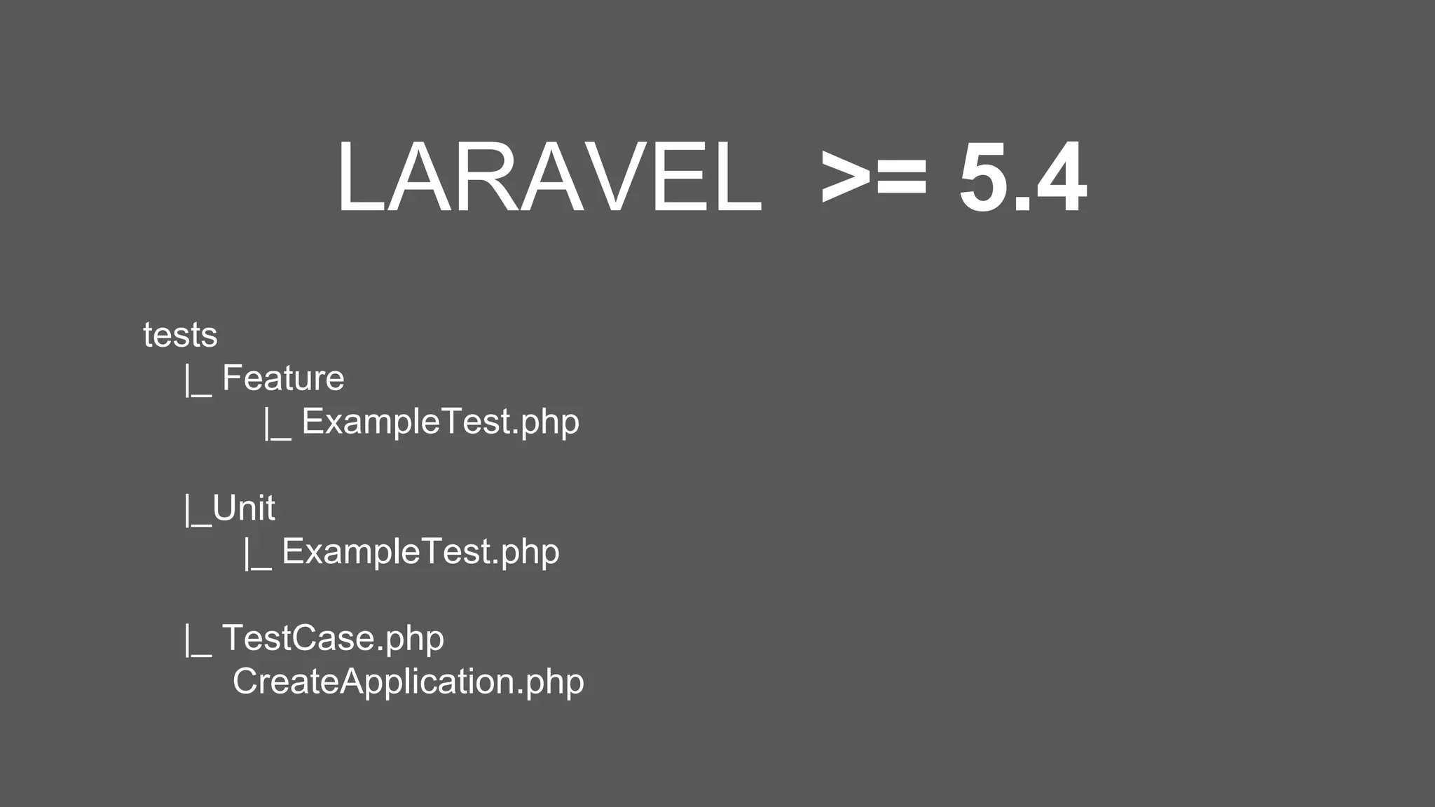 tests |_ Feature |_ ExampleTest.php |_Unit |_ ExampleTest.php |_ TestCase.php CreateApplication.php LARAVEL >= 5.4 