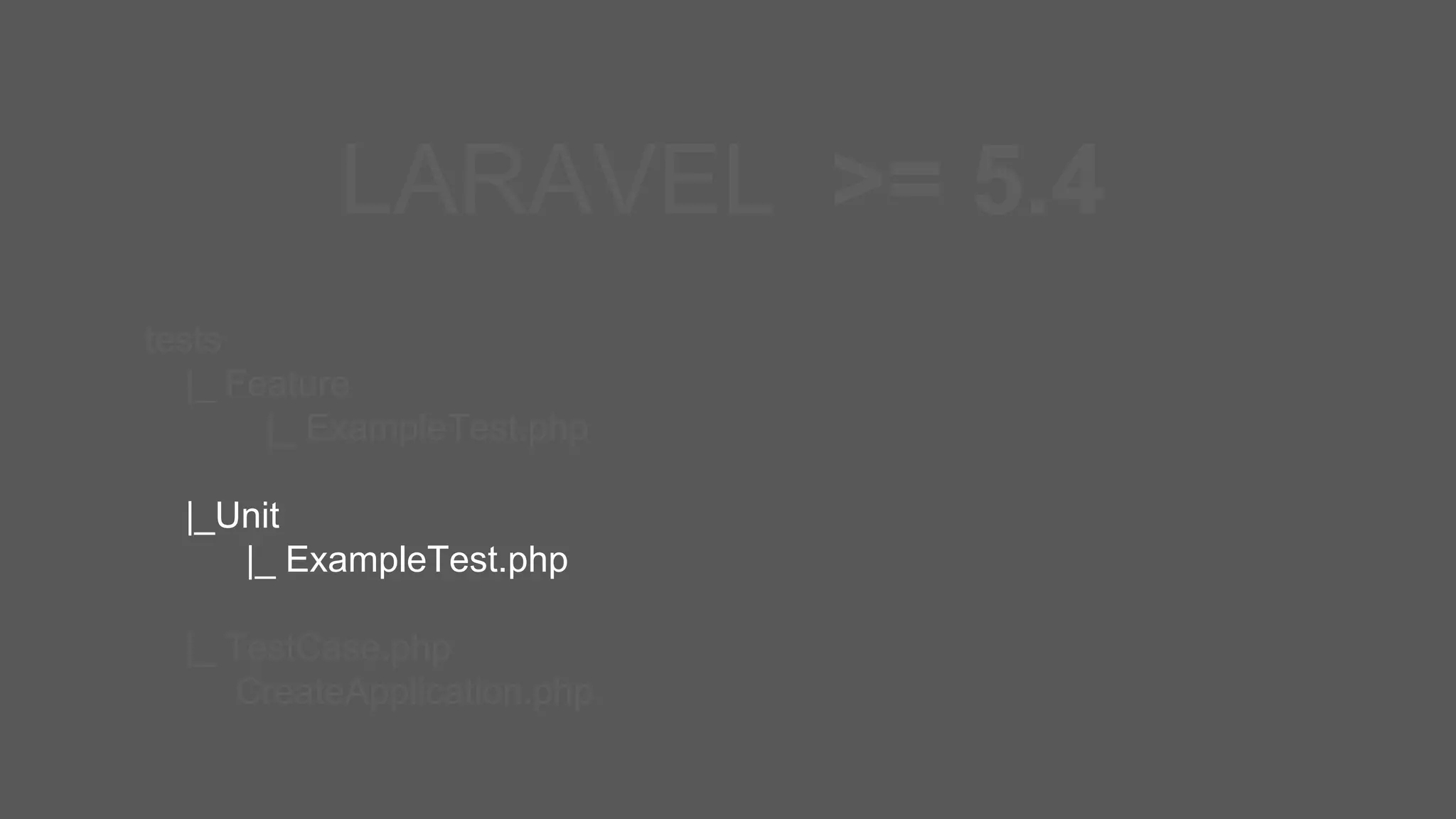 tests |_ Feature |_ ExampleTest.php |_Unit |_ ExampleTest.php |_ TestCase.php CreateApplication.php LARAVEL >= 5.4 