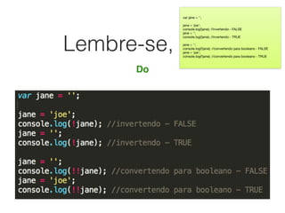 Lembre-se, é JS
Do
var jane = '';

jane = 'joe';

console.log(!jane); //invertendo - FALSE

jane = '';

console.log(!jane); //invertendo - TRUE

jane = '';

console.log(!!jane); //convertendo para booleano - FALSE

jane = 'joe';

console.log(!!jane); //convertendo para booleano - TRUE

 