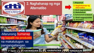 -Marunong humanap
ng kapalit na produkto
na makatutugon sa
pangangailangan.
1.Mapanuri
2. Naghahanap ng
Alternatibo
3. Hindi nagpapadaya
4. Makatwiran
5. Sumusunod sa Badyet
6. Hindi nagpapadala
sa Anunsiyo
KARAPATAN
KATANGIAN
1st
Term TUNGKULIN
 