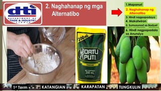 • Marunong
humanap ng kapalit
na produkto na
makatutugon sa
pangangailangan.
1.Mapanuri
2. Naghahanap ng
Alternatibo
3. Hindi nagpapadaya
4. Makatwiran
KARAPATAN
KATANGIAN
1st
Term TUNGKULIN
5. Sumusunod sa Badyet
6. Hindi nagpapadala
sa Anunsiyo
 