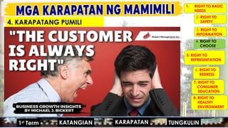 MGA URI
KONSUMO MGA KARAPATAN
MGA KATANGIAN
1. RIGHT TO BASIC
NEEDS
2. RIGHT TO
SAFETY
3. RIGHT TO
INFORMATION
4. RIGHT TO
CHOOSE
5. RIGHT TO
REPRESENTATION
6. RIGHT TO
REDRESS
7. RIGHT TO
CONSUMER
EDUCATION
8. RIGHT TO
HEALTHY
ENVIRONMENT
MGA URI
KONSUMO MGA KARAPATAN
MGA KATANGIAN
#HANAPBUHAY
#KASARIAN
#POPULASYON
#TAO 1ST
GRADING
#MIGRASYON
KARAPATAN
KATANGIAN
1st
Term TUNGKULIN
4. KARAPATANG PUMILI
 