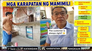 MGA URI
KONSUMO MGA KATANGIAN
MGA URI
KONSUMO MGA KARAPATAN
MGA KATANGIAN
#HANAPBUHAY
#KASARIAN
#POPULASYON
#TAO 1ST
GRADING
#MIGRASYON
KARAPATAN
KATANGIAN
1st
Term TUNGKULIN
1. RIGHT TO BASIC
NEEDS
2. RIGHT TO
SAFETY
3. RIGHT TO
INFORMATION
4. RIGHT TO
CHOOSE
5. RIGHT TO
REPRESENTATION
6. RIGHT TO
REDRESS
7. RIGHT TO
CONSUMER
EDUCATION
8. RIGHT TO
HEALTHY
ENVIRONMENT
 