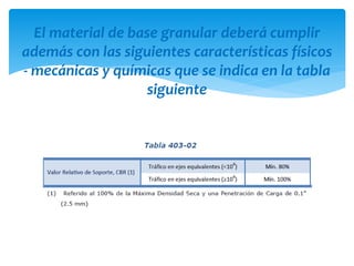 El material de base granular deberá cumplir
además con las siguientes características físicos
- mecánicas y químicas que se indica en la tabla
siguiente
 
