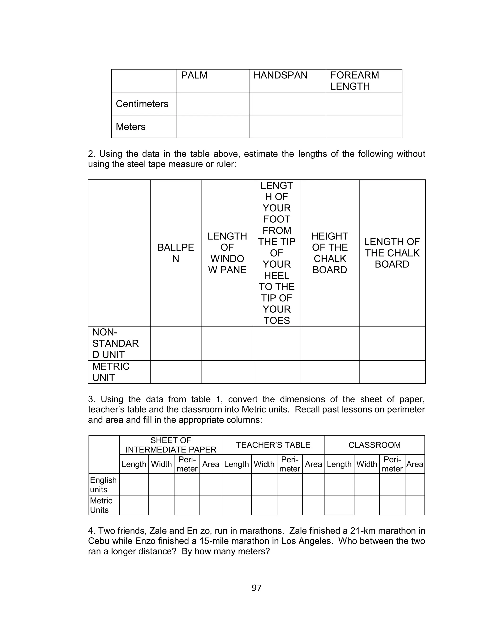 97
PALM HANDSPAN FOREARM
LENGTH
Centimeters
Meters
2. Using the data in the table above, estimate the lengths of the following without
using the steel tape measure or ruler:
BALLPE
N
LENGTH
OF
WINDO
W PANE
LENGT
H OF
YOUR
FOOT
FROM
THE TIP
OF
YOUR
HEEL
TO THE
TIP OF
YOUR
TOES
HEIGHT
OF THE
CHALK
BOARD
LENGTH OF
THE CHALK
BOARD
NON-
STANDAR
D UNIT
METRIC
UNIT
3. Using the data from table 1, convert the dimensions of the sheet of paper,
teacher’s table and the classroom into Metric units. Recall past lessons on perimeter
and area and fill in the appropriate columns:
SHEET OF
INTERMEDIATE PAPER
TEACHER’S TABLE CLASSROOM
Length Width
Peri-
meter
Area Length Width
Peri-
meter
Area Length Width
Peri-
meter
Area
English
units
Metric
Units
4. Two friends, Zale and En zo, run in marathons. Zale finished a 21-km marathon in
Cebu while Enzo finished a 15-mile marathon in Los Angeles. Who between the two
ran a longer distance? By how many meters?
 