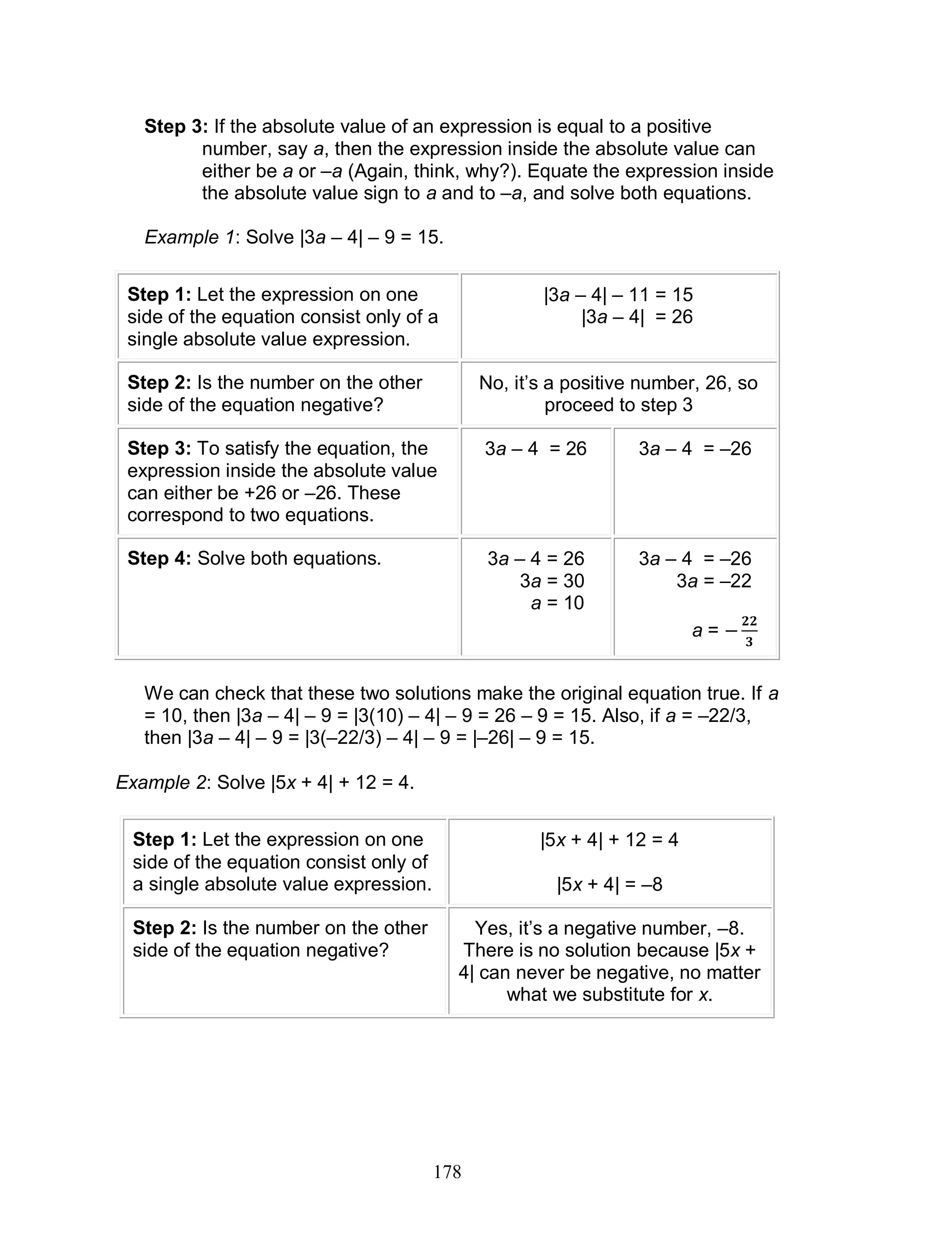 178
Step 3: If the absolute value of an expression is equal to a positive
number, say a, then the expression inside the absolute value can
either be a or –a (Again, think, why?). Equate the expression inside
the absolute value sign to a and to –a, and solve both equations.
Example 1: Solve |3a – 4| – 9 = 15.
Step 1: Let the expression on one
side of the equation consist only of a
single absolute value expression.
|3a – 4| – 11 = 15
|3a – 4| = 26
Step 2: Is the number on the other
side of the equation negative?
No, it’s a positive number, 26, so
proceed to step 3
Step 3: To satisfy the equation, the
expression inside the absolute value
can either be +26 or –26. These
correspond to two equations.
3a – 4 = 26 3a – 4 = –26
Step 4: Solve both equations. 3a – 4 = 26
3a = 30
a = 10
3a – 4 = –26
3a = –22
a =
We can check that these two solutions make the original equation true. If a
= 10, then |3a – 4| – 9 = |3(10) – 4| – 9 = 26 – 9 = 15. Also, if a = –22/3,
then |3a – 4| – 9 = |3(–22/3) – 4| – 9 = |–26| – 9 = 15.
Example 2: Solve |5x + 4| + 12 = 4.
Step 1: Let the expression on one
side of the equation consist only of
a single absolute value expression.
|5x + 4| + 12 = 4
|5x + 4| = –8
Step 2: Is the number on the other
side of the equation negative?
Yes, it’s a negative number, –8.
There is no solution because |5x +
4| can never be negative, no matter
what we substitute for x.
 