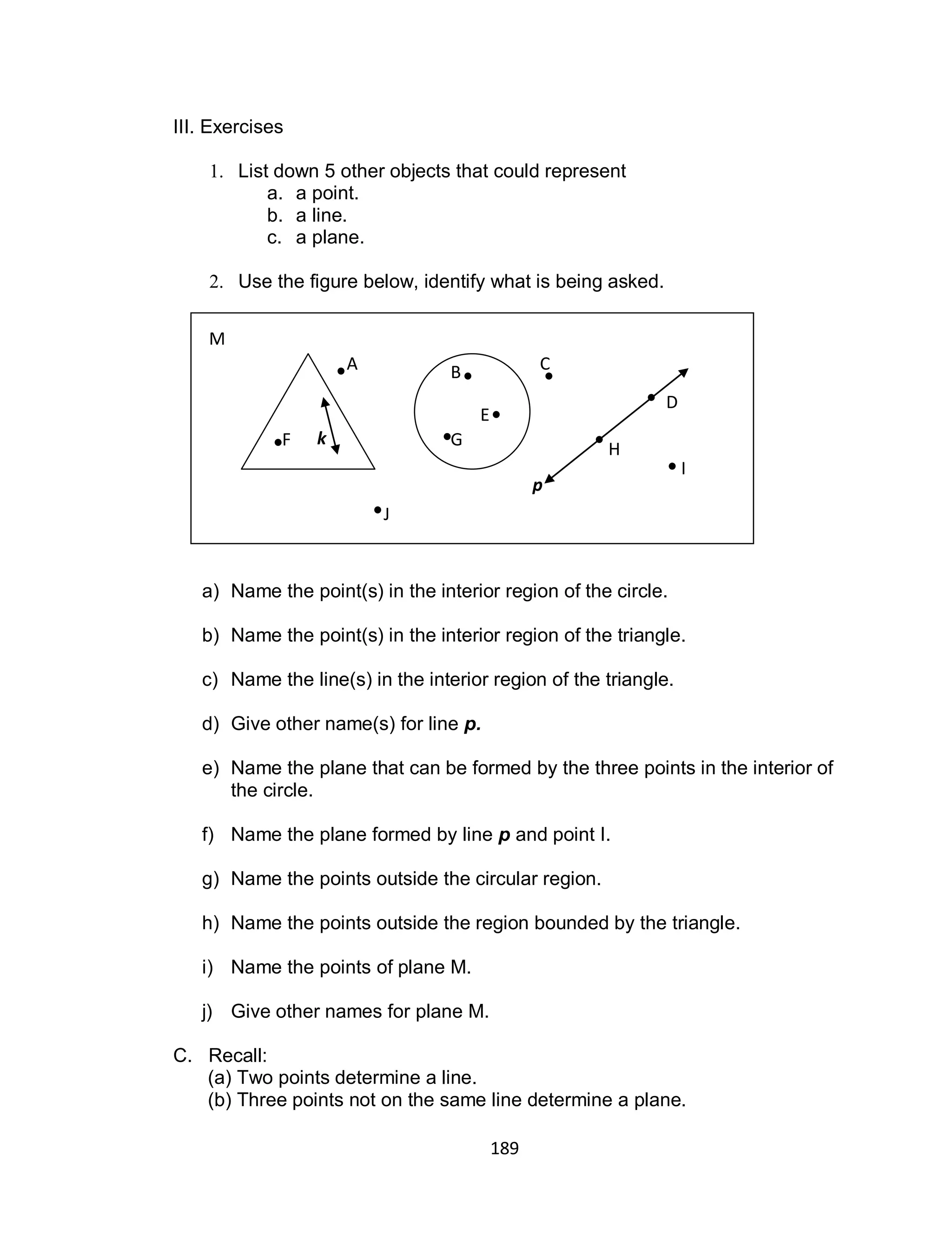 189
III. Exercises
1. List down 5 other objects that could represent
a. a point.
b. a line.
c. a plane.
2. Use the figure below, identify what is being asked.
a) Name the point(s) in the interior region of the circle.
b) Name the point(s) in the interior region of the triangle.
c) Name the line(s) in the interior region of the triangle.
d) Give other name(s) for line p.
e) Name the plane that can be formed by the three points in the interior of
the circle.
f) Name the plane formed by line p and point I.
g) Name the points outside the circular region.
h) Name the points outside the region bounded by the triangle.
i) Name the points of plane M.
j) Give other names for plane M.
C. Recall:
(a) Two points determine a line.
(b) Three points not on the same line determine a plane.
A B C
D
E
F G
H
I
J
k
M
p
 