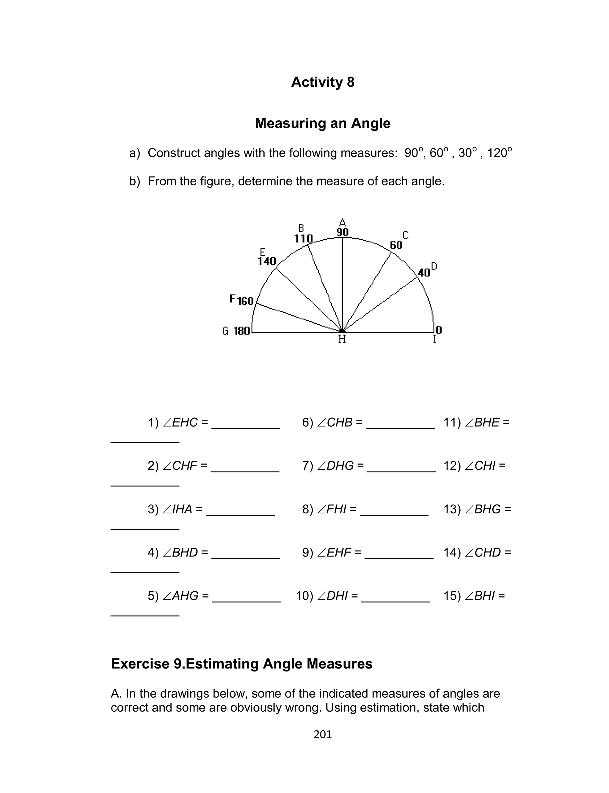 201
Activity 8
Measuring an Angle
a) Construct angles with the following measures: 90o
, 60o
, 30o
, 120o
b) From the figure, determine the measure of each angle.
1) EHC = __________ 6) CHB = __________ 11) BHE =
__________
2) CHF = __________ 7) DHG = __________ 12) CHI =
__________
3) IHA = __________ 8) FHI = __________ 13) BHG =
__________
4) BHD = __________ 9) EHF = __________ 14) CHD =
__________
5) AHG = __________ 10) DHI = __________ 15) BHI =
__________
Exercise 9.Estimating Angle Measures
A. In the drawings below, some of the indicated measures of angles are
correct and some are obviously wrong. Using estimation, state which
 
