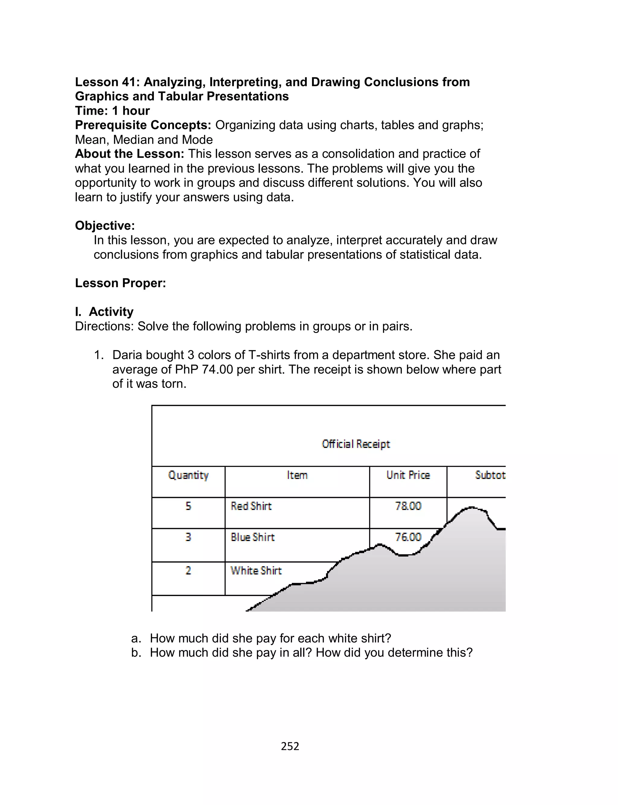 252
Lesson 41: Analyzing, Interpreting, and Drawing Conclusions from
Graphics and Tabular Presentations
Time: 1 hour
Prerequisite Concepts: Organizing data using charts, tables and graphs;
Mean, Median and Mode
About the Lesson: This lesson serves as a consolidation and practice of
what you learned in the previous lessons. The problems will give you the
opportunity to work in groups and discuss different solutions. You will also
learn to justify your answers using data.
Objective:
In this lesson, you are expected to analyze, interpret accurately and draw
conclusions from graphics and tabular presentations of statistical data.
Lesson Proper:
I. Activity
Directions: Solve the following problems in groups or in pairs.
1. Daria bought 3 colors of T-shirts from a department store. She paid an
average of PhP 74.00 per shirt. The receipt is shown below where part
of it was torn.
a. How much did she pay for each white shirt?
b. How much did she pay in all? How did you determine this?
 