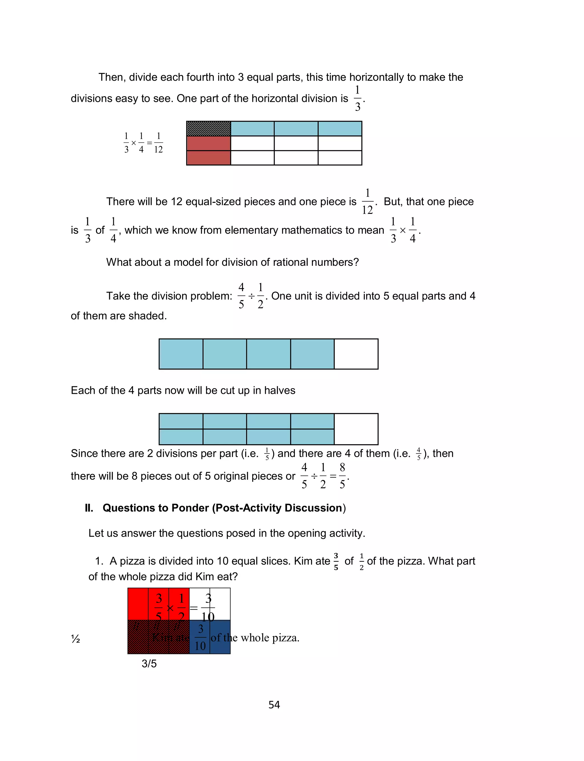 54
Then, divide each fourth into 3 equal parts, this time horizontally to make the
divisions easy to see. One part of the horizontal division is

1
3
.
There will be 12 equal-sized pieces and one piece is

1
12
. But, that one piece
is

1
3
of

1
4
, which we know from elementary mathematics to mean

1
3

1
4
.
What about a model for division of rational numbers?
Take the division problem:

4
5

1
2
. One unit is divided into 5 equal parts and 4
of them are shaded.
Each of the 4 parts now will be cut up in halves
Since there are 2 divisions per part (i.e.

1
5 ) and there are 4 of them (i.e.

4
5 ), then
there will be 8 pieces out of 5 original pieces or

4
5

1
2

8
5
.
II. Questions to Ponder (Post-Activity Discussion)
Let us answer the questions posed in the opening activity.
1. A pizza is divided into 10 equal slices. Kim ate of of the pizza. What part
of the whole pizza did Kim eat?
1⁄2
3/5
// // //

1
3

1
4

1
12

3
5

1
2

3
10
Kim ate

3
10
of the whole pizza.
 