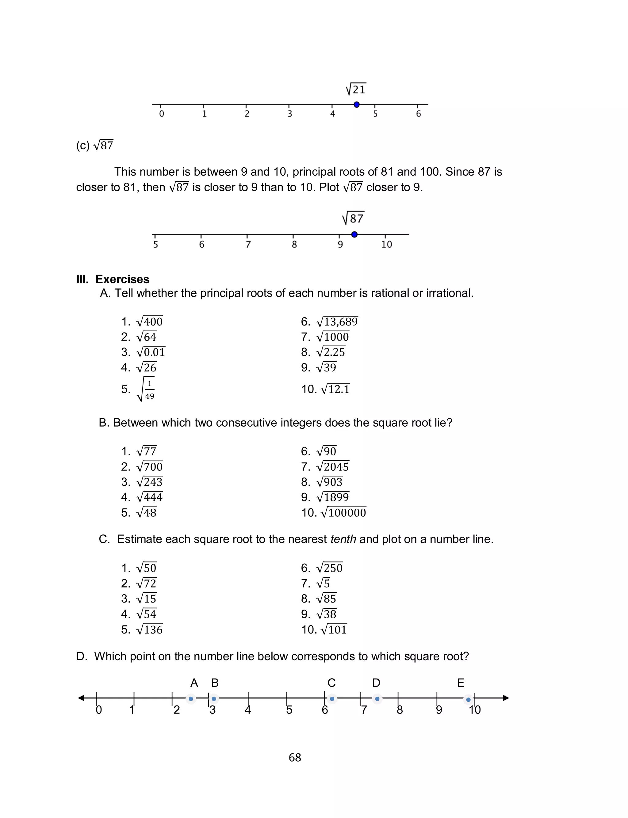 68
(c) √
This number is between 9 and 10, principal roots of 81 and 100. Since 87 is
closer to 81, then √ is closer to 9 than to 10. Plot √ closer to 9.
III. Exercises
A. Tell whether the principal roots of each number is rational or irrational.
1. √ 6. √
2. √ 7. √
3. √ 8. √
4. √ 9. √
5. √ 10. √
B. Between which two consecutive integers does the square root lie?
1. √ 6. √
2. √ 7. √
3. √ 8. √
4. √ 9. √
5. √ 10. √
C. Estimate each square root to the nearest tenth and plot on a number line.
1. √ 6. √
2. √ 7. √
3. √ 8. √
4. √ 9. √
5. √ 10. √
D. Which point on the number line below corresponds to which square root?
A B C D E
0 1 2 3 4 5 6 7 8 9 10
 
