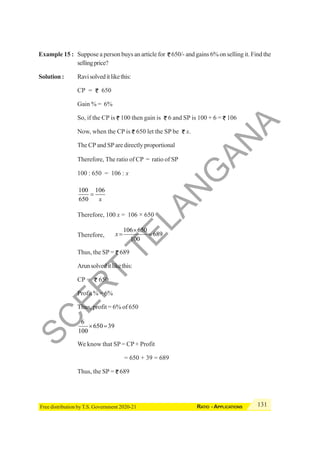 131
RATIO - APPLICATIONS
Free distribution by T.S. Government 2020-21
Example 15 : Suppose a person buys an article for 650/- and gains 6% on selling it. Find the
sellingprice?
Solution : Ravisolveditlikethis:
CP = 650
Gain % = 6%
So, if the CP is 100 then gain is 6 and SP is 100 + 6 = 106
Now, when the CP is 650 let the SP be x.
The CP and SP are directly proportional
Therefore, The ratio of CP = ratio of SP
100 : 650 = 106 : x
100 106
650 x
=
Therefore, 100 x = 106 × 650
Therefore,
106 650
689
100
x
×
= =
Thus, the SP = 689
Arunsolveditlikethis:
CP = 650
Profit % = 6%
Thus, profit = 6% of 650
6
650 39
100
× =
We know that SP= CP+ Profit
= 650 + 39 = 689
Thus, the SP = 689
S
C
E
R
T
T
E
L
A
N
G
A
N
A
 