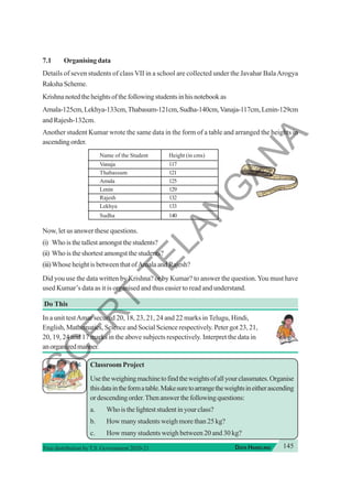 145
DATA HANDLING
Free distribution byT.S. Government 2020-21
7.1 Organising data
Details of seven students of class VII in a school are collected under the Javahar BalaArogya
Raksha Scheme.
Krishnanotedtheheightsofthefollowingstudentsinhisnotebookas
Amala-125cm,Lekhya-133cm,Thabasum-121cm,Sudha-140cm,Vanaja-117cm,Lenin-129cm
and Rajesh-132cm.
Another student Kumar wrote the same data in the form of a table and arranged the heights in
ascendingorder.
Name of the Student Height (in cms)
Vanaja 117
Thabassum 121
Amala 125
Lenin 129
Rajesh 132
Lekhya 133
Sudha 140
Now, let us answer these questions.
(i) Whoisthetallestamongstthestudents?
(ii) Who is the shortest amongst the students?
(iii)Whose height is between that ofAmala and Rajesh?
Did you use the data written by Krishna? or by Kumar? to answer the question.You must have
used Kumar’s data as it is organised and thus easier to read and understand.
Do This
In a unit testAmar secured 20, 18, 23, 21, 24 and 22 marks in Telugu, Hindi,
English, Mathematics, Science and Social Science respectively. Peter got 23, 21,
20, 19, 24 and 17 marks in the above subjects respectively. Interpret the data in
anorganizedmanner.
Classroom Project
Usetheweighingmachinetofindtheweightsofallyourclassmates.Organise
thisdataintheformatable.Makesuretoarrangetheweightsineitherascending
ordescendingorder.Thenanswerthefollowingquestions:
a. Whoisthelighteststudentinyourclass?
b. How many students weigh more than 25 kg?
c. How many students weigh between 20 and 30 kg?
S
C
E
R
T
T
E
L
A
N
G
A
N
A
 
