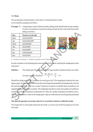 151
DATA HANDLING
Free distribution byT.S. Government 2020-21
7.4 Mode
The second type of representative value that we will learn about is mode.
Let us read the example given below-
Example 3 : Ashopkeeperwantstofindoutwhichcookingoilheshouldstockinmorenumber.
For this, he maintains a record of cooking oil sale for the week in the form of the
tablegivenbelow.
Day Packets of oil sold
Mon GGGSSSSPP
Tue GGGSSSSSPP
Wed GGSSSSSP
Thu GGGSSSP
Fri GGGSSPP
Sat GSSSSSSSS
Sun GGGSSSP
G = Ground nut oil packet, S = Sunflower oil packet, and P= Palmolein oil packet.
Insuchasituationwillcalculatingthemeannumberofoilpacketssoldhelptheshopkeepertotake
adecision?
Solution : The shopkeeper first calculates the average number of packets that he can order.
Average number of packets =
18 30 9 57
3 3
+ +
= = 19.
Should the shopkeeper stock 19 packets for each type of oil? The shopkeeper looked at his sales
figuresagain.Hefindssunfloweroiltobethemostfrequentlydemandedoilandpalmolein oiltobe
the least demanded oil. If he was to order 19 packets of each he would fall short of sunflower oil
andpalmoleinoilwouldbeinsurplus.Theshopkeeperdecidestostockmorepacketsofsunflower
oilandlessernumberofpacketsofpalmoleinoil.Thus,the numberofpacketsofsunfloweroili.e.
30istherepresentativevaluefortheshopkeeper’sdataasittellshimthemostfrequentlypurchased
oil.
The most frequently occurring value for a set of observations is called the mode.
The longest bar in a bar graph represents the mode, as can be seen in the bar graph given in the
nextpage.
S
C
E
R
T
T
E
L
A
N
G
A
N
A
 