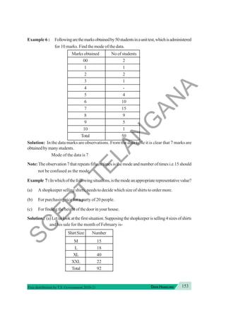 153
DATA HANDLING
Free distribution byT.S. Government 2020-21
Example 6 : Followingarethemarksobtainedby50studentsinaunittest,whichisadministered
for 10 marks. Find the mode of the data.
Marks obtained No of students
00 2
1 1
2 2
3 1
4 -
5 4
6 10
7 15
8 9
9 5
10 1
Total 50
Solution: In the data marks are observations. From the data table it is clear that 7 marks are
obtainedbymanystudents.
Mode of the data is 7
Note: The observation 7 that repeats fifteen times is the mode and number of times i.e.15 should
not be confused as the mode.
Example 7:Inwhichofthefollowingsituations,isthemodeanappropriaterepresentativevalue?
(a) A shopkeeper selling shirts, needs to decide which size of shirts to order more.
(b) For purchasing rice for a party of 20 people.
(c) Forfindingtheheightofthedoorinyourhouse.
Solution: (a)Letuslookatthefirstsituation.Supposingtheshopkeeperisselling4sizesofshirts
and his sale for the month of February is-
ShirtSize Number
M 15
L 18
XL 40
XXL 22
Total 92
S
C
E
R
T
T
E
L
A
N
G
A
N
A
 