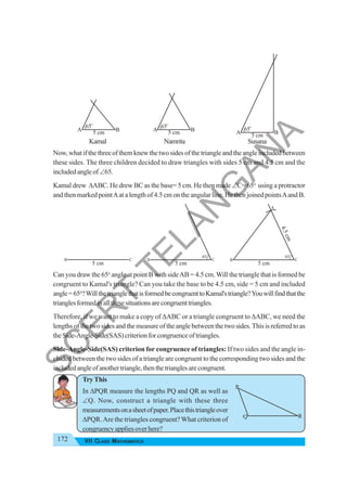 172 VII CLASS MATHEMATICS
Kamal Namrita Susana
Now, what if the three of them knew the two sides of the triangle and the angle included between
these sides. The three children decided to draw triangles with sides 5 cm and 4.5 cm and the
includedangleof∠65.
Kamal drew ΔABC. He drew BC as the base= 5 cm. He then made ∠C= 65o
using a protractor
and then marked pointAat a length of 4.5 cm on the angular line. He then joined pointsAand B.
Can you draw the 65o
angle at point B with sideAB = 4.5 cm.Will the triangle that is formed be
congruent to Kamal's triangle? Can you take the base to be 4.5 cm, side = 5 cm and included
angle=65o
?WillthetrianglethatisformedbecongruenttoKamal'striangle?Youwillfindthatthe
trianglesformedinallthesesituationsarecongruenttriangles.
Therefore, if we want to make a copy of ΔABC or a triangle congruent to ΔABC, we need the
lengths of the two sides and the measure of the angle between the two sides. This is referred to as
theSide-Angle-Side(SAS)criterionforcongruenceoftriangles.
Side-Angle-Side(SAS) criterion for congruence of triangles: If two sides and the angle in-
cluded between the two sides of a triangle are congruent to the corresponding two sides and the
includedangleofanothertriangle,thenthetrianglesarecongruent.
Try This
In ΔPQR measure the lengths PQ and QR as well as
∠Q. Now, construct a triangle with these three
measurementsonasheetofpaper.Placethistriangleover
ΔPQR.Are the triangles congruent? What criterion of
congruencyappliesoverhere?
65o
A B
5 cm
65o
A B
5 cm
R
P
Q
65o
A B
5 cm
B C
5 cm
65o
B C
5 cm
65o
B C
5 cm
A
4
.
5
c
m
S
C
E
R
T
T
E
L
A
N
G
A
N
A
 
