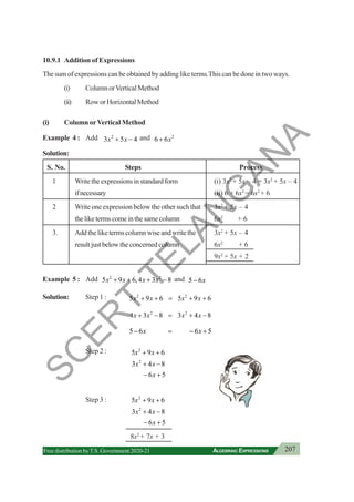 207
ALGEBRAIC EXPRESSIONS
Free distribution byT.S. Government 2020-21
10.9.1 Addition of Expressions
The sum of expressions can be obtained by adding like terms.This can be done in two ways.
(i) ColumnorVerticalMethod
(ii) Row or Horizontal Method
(i) Column orVertical Method
Example 4 : Add 2
3 5 4
x x
+ − and 2
6 6x
+
Solution:
S. No. Steps Process
1 Writetheexpressionsinstandardform (i) 3x2
+ 5x – 4 = 3x2
+ 5x – 4
ifnecessary (ii) 6 + 6x2
= 6x2
+ 6
2 Write one expression below the other such that 3x2
+ 5x – 4
theliketermscomeinthesamecolumn 6x2
+ 6
3. Add the like terms column wise and write the 3x2
+ 5x – 4
resultjustbelowtheconcernedcolumn 6x2
+ 6
9x2
+ 5x + 2
Example 5 : Add 2 2
5 9 6,4 3 8
x x x x
+ + + − and 5 6x
−
Solution: Step 1 : 2 2
5 9 6 5 9 6
x x x x
+ + = + +
2 2
4 3 8 3 4 8
x x x x
+ − = + −
5 6 6 5
x x
− = − +
Step 2 : 2
2
5 9 6
3 4 8
6 5
x x
x x
x
+ +
+ −
− +
Step 3 : 2
2
5 9 6
3 4 8
6 5
x x
x x
x
+ +
+ −
− +
8x2
+ 7x + 3
S
C
E
R
T
T
E
L
A
N
G
A
N
A
 