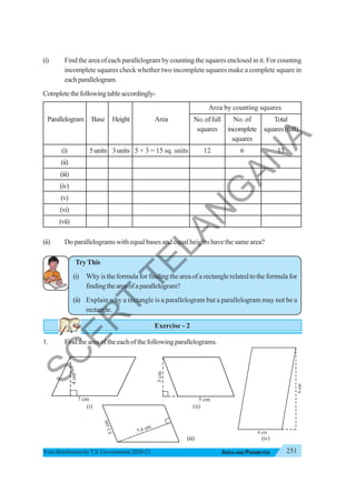 251
AREA AND PERIMETER
Free distribution byT.S. Government 2020-21
(i) Find the area of each parallelogram by counting the squares enclosed in it. For counting
incomplete squares check whether two incomplete squares make a complete square in
eachparallelogram.
Completethefollowingtableaccordingly-
Parallelogram Base Height Area
Area by counting squares
No.offull No. of Total
squares incomplete squares(full)
squares
(i) 5units 3units 5 × 3 = 15 sq. units 12 6 15
(ii)
(iii)
(iv)
(v)
(vi)
(vii)
(ii) Do parallelograms with equal bases and equal heights have the same area?
TryThis
(i) Why is the formula for finding the area of a rectangle related to the formula for
findingtheareaofaparallelogram?
(ii) Explain why a rectangle is a parallelogram but a parallelogram may not be a
rectangle.
Exercise - 2
1. Findtheareaoftheeachofthefollowingparallelograms.
4 cm
6
cm
(i) (ii)
(iv)
(iii)
7 cm
4
cm
5 cm
3
cm
7.6 cm
5
.
1
c
m
S
C
E
R
T
T
E
L
A
N
G
A
N
A
 