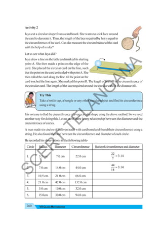 260 VII CLASS MATHEMATICS
Activity 2
Jaya cut a circular shape from a cardboard. She wants to stick lace around
the card to decorate it. Thus, the length of the lace required by her is equal to
thecircumferenceofthecard.Canshemeasurethecircumferenceofthecard
withthehelpofaruler?
Let us see what Jaya did?
Jaya drew a line on the table and marked its starting
point A. She then made a point on the edge of the
card. She placed the circular card on the line, such
thatthepointonthecardcoincidedwithpointA.She
thenrolledthecardalongtheline,tillthepointonthe
cardtouchedthelineagain.ShemarkedthispointB.ThelengthoflineABisthecircumferenceof
the circular card.The length of the lace required around the circular card is the distanceAB.
Try This
Take a bottle cap, a bangle or any other circular object and find its circumference
usingastring.
Itisnoteasytofindthecircumferenceofeverycircularshapeusingtheabovemethod.Soweneed
another way for doing this. Let us see if there is any relationship between the diameter and the
circumferenceofcircles.
A man made six circles of different radii with cardboard and found their circumference using a
string. He also found the ratio between the circumference and diameter of each circle.
Herecordedhisobservationsinthefollowingtable-
Circle Radius Diameter Circumference Ratioofcircumferenceanddiameter
1. 3.5 cm 7.0 cm 22.0 cm
22
3.14
7
=
2. 7.0 cm 14.0 cm 44.0 cm
44
3.14
14
=
3. 10.5 cm 21.0 cm 66.0 cm
4. 21.0 cm 42.0 cm 132.0 cm
5. 5.0 cm 10.0 cm 32.0 cm
6. 15.0cm 30.0 cm 94.0 cm
B
A
S
C
E
R
T
T
E
L
A
N
G
A
N
A
 