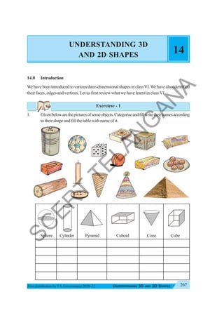 267
UNDERSTANDING 3D AND 2D SHAPES
Free distribution byT.S. Government 2020-21
UNDERSTANDING 3D
AND 2D SHAPES 14
14.0 Introduction
Wehavebeenintroducedtovariousthree-dimensionalshapesinclassVI.Wehavealsoidentified
their faces, edges and vertices. Let us first review what we have learnt in class VI.
Exerciese - 1
1. Givenbelowarethepicturesofsomeobjects.Categoriseandfillwritetheirnamesaccording
totheirshapeandfillthetablewithnameofit.
Sphere Cylinder Pyramid Cuboid Cone Cube
S
C
E
R
T
T
E
L
A
N
G
A
N
A
 