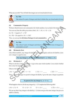 21
INTEGERS
Free distribution byT.S. Government 2020-21
Whatcanyouinfer?Youwillinferthatintegersarenotclosedunderdivision.
Try This
Take atleast five pairs of integers and check whether they are closed under division.
(ii) Commutative Property
We know that division is not commutative for whole numbers. Let us check it for integers also.
You can see from the table given above that (–8) ÷ (–4) ≠ (–4) ÷ (–8).
Is (–9) ÷ 3 equal to 3 ÷ (–9)?
Is (–30) ÷ (6) equal to (–6) ÷ (–30)?
Thus, we can say that division of integers is not commutative.
Try This
Take atleast 5 pairs of integers and observe whether the division of integers is
commutative or not?
(iii) Division by Zero
Like whole numbers, any integer divided by zero is meaningless and zero divided by a non-
zero integer is equal to zero.
For any integer a, a ÷ 0 is not defined but 0 ÷ a = 0 for a ≠ 0.
(iv) Division by 1
When we divide a whole number by 1 it gives the same whole number. Let us check whether
this is true for negative integers also.
Observe the following-
(–8) ÷ 1 = (–8) (11) ÷ 1 = +11 (–13) ÷ 1 = _____ (–25) ÷ 1 = _______
Thus, a negative integer or a positive integer divided by 1 gives the same integer as quotient.
In general, for any integer a, a ÷ 1 = a.
What happens when we divide any integer by (–1)? Complete the following table-
(–8) ÷ (–1) = 8 11 ÷ (–1) = –11 13 ÷ (–1) = _____ (–25) ÷ (–1) = _____
We can say that if any integer is divided by (–1) it does not give the same integer, but gives its
additive identity.
S
C
E
R
T
T
E
L
A
N
G
A
N
A
 