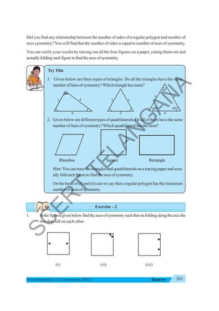 283
SYMMETRY
Free distribution byT.S. Government 2020-21
Did you find any relationship between the number of sides of a regular polygon and number of
axes symmetry?You will find that the number of sides is equal to number of axes of symmetry.
You can verify your results by tracing out all the four figures on a paper, cuting them out and
actuallyfoldingeachfiguretofindtheaxesofsymmetry.
Try This
1. Given below are three types of triangles. Do all the triangles have the same
numberoflinesofsymmetry?Whichtrianglehasmore?
2. Given below are different types of quadrilaterals. Do all of them have the same
numberoflinesofsymmetry?Whichquadrilateralhasthemost?
Rhombus Square Rectangle
Hint:You can trace the triangles and quadrilaterals on a tracing paper and actu-
allyfoldeachfiguretofindtheaxesofsymmetry.
On the basis of (i) and (ii) can we say that a regular polygon has the maximum
numberofaxesofsymmetry.
Exercise - 2
1. Inthefiguresgivenbelowfindtheaxesofsymmetrysuchthatonfoldingalongtheaxisthe
two dots fall on each other.
(i) (ii) (iii)
S
C
E
R
T
T
E
L
A
N
G
A
N
A
 