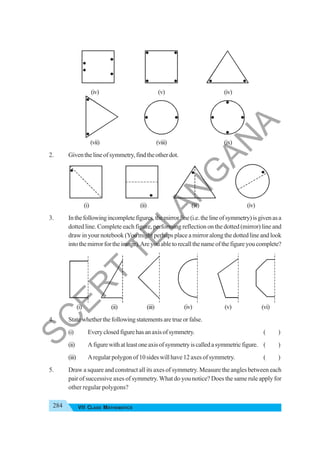 284 VII CLASS MATHEMATICS
(iv) (v) (iv)
(vii) (viii) (ix)
2. Giventhelineofsymmetry,findtheotherdot.
(i) (ii) (iii) (iv)
3. Inthefollowingincompletefigures,themirrorline(i.e.thelineofsymmetry)isgivenasa
dotted line. Complete each figure, performing reflection on the dotted (mirror) line and
draw in your notebook (You might perhaps place a mirror along the dotted line and look
intothemirrorfortheimage).Areyouabletorecallthenameofthefigureyoucomplete?
(i) (ii) (iii) (iv) (v) (vi)
4. State whether the following statements are true or false.
(i) Everyclosedfigurehasanaxisofsymmetry. ( )
(ii) Afigurewithatleastoneaxisofsymmetryiscalledasymmetricfigure. ( )
(iii) Aregular polygon of 10 sides will have 12 axes of symmetry. ( )
5. Draw a square and construct all its axes of symmetry. Measure the angles between each
pair of successive axes of symmetry. What do you notice? Does the same rule apply for
other regular polygons?
S
C
E
R
T
T
E
L
A
N
G
A
N
A
 