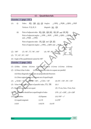 303
Key
12 - Quadrilaterlals
Exercise - 1 (page - 232 )
(1) (i) Sides: PQ , QR , RS, SP Angles: ∠ SPQ, ∠ PQR, ∠ QRS, ∠ RSP
Vertices: P, Q, R, S diagnals: PR , QS
(ii) Pairs of adjacent sides PQ, QR; QR,RS; RS,SP and SP,PQ
Pairs of adjacent angles: ∠ SPR, ∠ RSP; ∠ RSP, ∠ QRS; ∠ QRS, ∠ PQR
and ∠ PQR, ∠ SPQ
Pairs of opposite sides : PS, QR and QP, RS
Pairs of opposite angles: ∠ SPQ, ∠ QRS and ∠ RSP, ∠ PQR
(2) 100° (3) 48°, 72°, 96°, 144° (4) 90°, 90°, 90°, 90°
(5) 75°, 85°, 95°, 105°
(6) Angle of the quadrilateral cannot be 180°
Exercise - 2 (page - 242 )
(1) (i)false (ii)true (iii) true (iv) false (v) false (vi) true (vii) true (viii)true
(2) (i) Since it has 4 sides (ii) Since opposite sides in a square are parallel
(iii) Since diagonals of a square are perpendicular bisectors
(iv) Since opposite sides of a square are of equal length.
(3) ∠ DAB = 140°, ∠ BCD = 140°, ∠ CDA = 40° (4) 50°, 130°, 50°, 130°
(5) It has 4 sides and one pair of parallel sides; EA, DR (6) 1
(7) Opposite angles are not equal. (8) 15 cm, 9cm, 15cm, 9cm
(9) No, Rhombus should have equal length of sides (10) 150 , 150
C D
∠ = ∠ =
o o
(11) (i)Rhombus (ii)Squrare (iii) 180° - x°
(iv)equal/congruent (v) 10 (vi) 90°
(vii)0 (viii)10 (ix)45
90° 90°
90° 90°
A B
C D
S
C
E
R
T
T
E
L
A
N
G
A
N
A
 