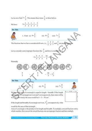 31
FRACTIONS, DECIMALS AND RATIONAL NUMBERS
Free distribution byT.S. Government 2020-21
Let us now find
1
3
2
× . This means three times
1
2
or three halves.
We have
1 1 1 1 3
3
2 2 2 2 2
× = + + =
Do This
1. Find (i)
2
4
7
× (ii)
3
4
5
× (iii)
1
7
3
×
The fractions that we have considered till now, i.e.,
1 2 2
, ,
2 3 7
and
3
5
are proper fractions.
Let us consider some improper fractions like
5
3
.and how to multiply
5
2
3
×
5 5 5 10 1
2 3
3 3 3 3 3
× = + = =
Pictorially
+ =
5
3
+
5
3
=
10
3
=
1
3
3
Do This
1. Find (i)
3
5
2
× (ii)
7
4
5
× (iii)
8
7
3
×
We know the area of a rectangle is equal to length × breadth. If the length
andbreadthofarectangleare6cmand5cmrespectively,thenwhatwillbe
its area? Obviously the area would be 6 × 5 = 30 cm2
.
If the length and breadth of a rectangle are 6 cm,
1
2
3
cm respectively, what
would be the area of that rectangle.
Area of a rectangle is the product of its length and breadth.To multiply a mixed fraction with a
wholenumber,firstconvertthemixedfractionsintoanimproperfractionandthenmultiply.
6 cm
5
cm
S
C
E
R
T
T
E
L
A
N
G
A
N
A
 