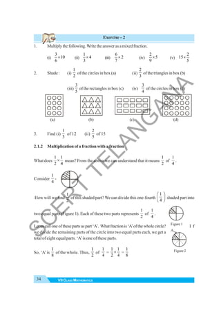 34 VII CLASS MATHEMATICS
Exercise - 2
1. Multiplythefollowing.Writetheanswerasamixedfraction.
(i)
3
10
6
× (ii)
1
4
3
× (iii)
6
2
7
× (iv)
2
5
9
× (v)
2
15
5
×
2. Shade : (i)
1
2
of the circles in box (a) (ii)
2
3
of the triangles in box (b)
(iii)
3
5
of the rectangles in box (c) (iv)
3
4
of the circles in box (d)
(a) (b) (c) (d)
3. Find (i)
1
3
of 12 (ii)
2
5
of 15
2.1.2 Multiplication of a fraction with a fraction
What does
1 1
2 4
× mean? From the above we can understand that it means
1
2
of
1
4
.
Consider
1
4
-
How will we find
1
2
of this shaded part? We can divide this one-fourth
1
4
⎛ ⎞
⎜ ⎟
⎝ ⎠
shaded part into
two equal parts (Figure 1). Each of these two parts represents
1
2
of
1
4
.
Letuscalloneofthesepartsaspart‘A’. Whatfractionis‘A’ofthewholecircle? I f
we divide the remaining parts of the circle into two equal parts each, we get a
total of eight equal parts. ‘A’is one of these parts.
So, ‘A’is
1
8
of the whole. Thus,
1
2
of
1
4
=
1 1
2 4
× =
1
8
Figure 1
A
Figure 2
S
C
E
R
T
T
E
L
A
N
G
A
N
A
 